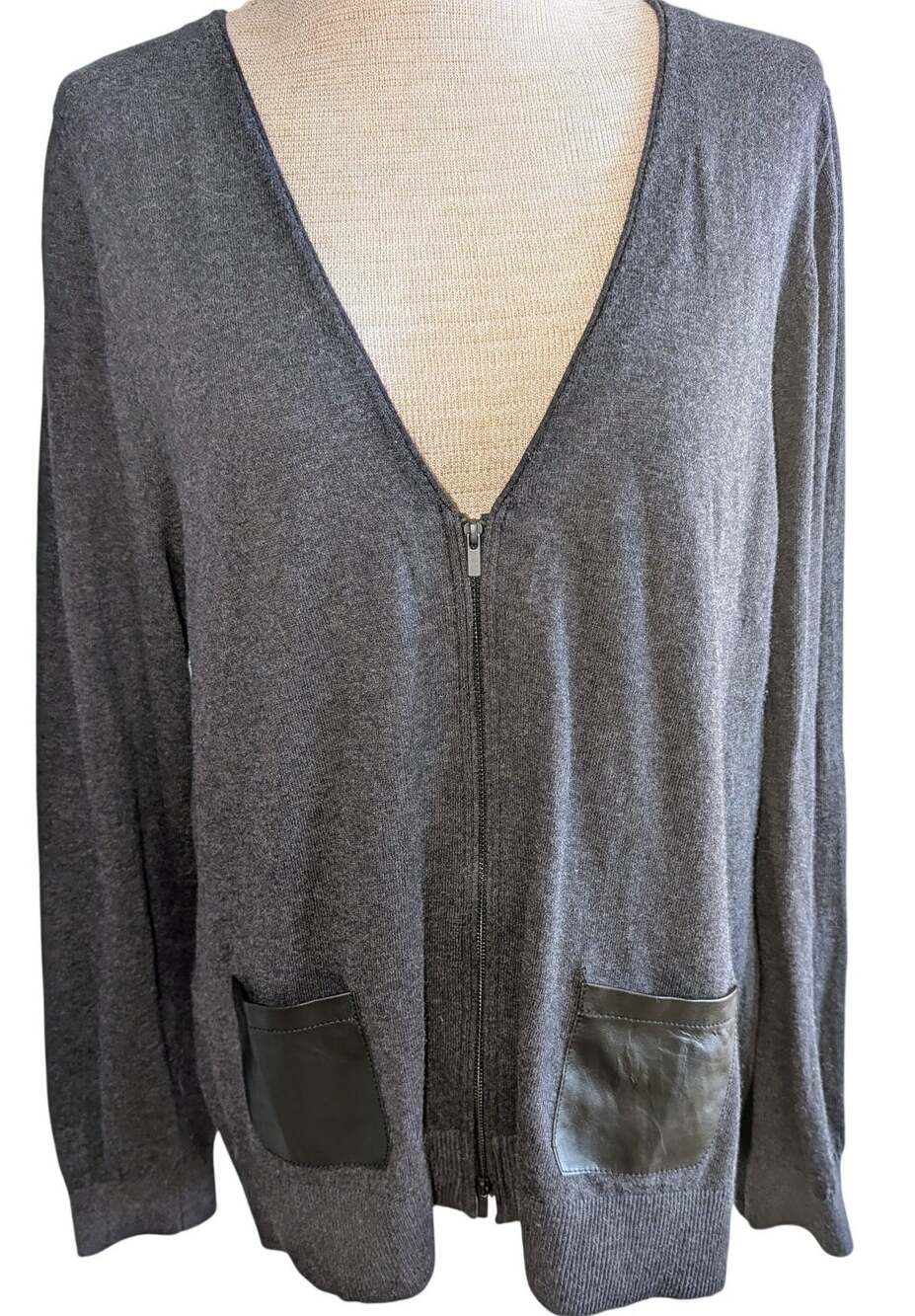 Lane Bryant Cardigan Sweater Gray Sz 14/16 Cotton Dual Zip Faux Leather Pocket
